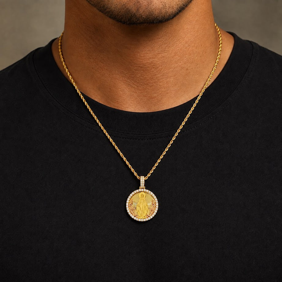 Virgin Mary Round Diamond Pendant