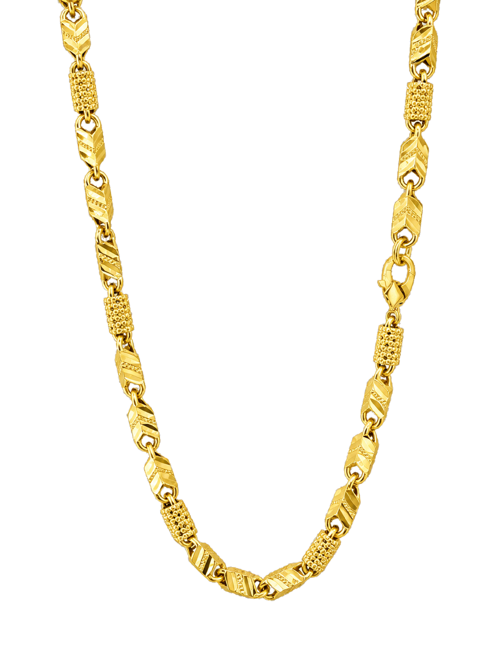 3.5MM Diamond Cut Baht and Textured Barrel Chain in polished yellow gold, transparent background