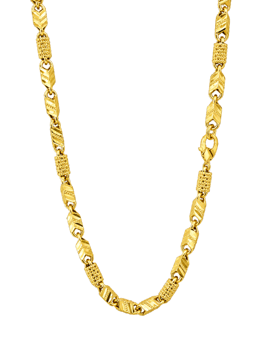 3.5MM Diamond Cut Baht and Textured Barrel Chain in polished yellow gold, transparent background