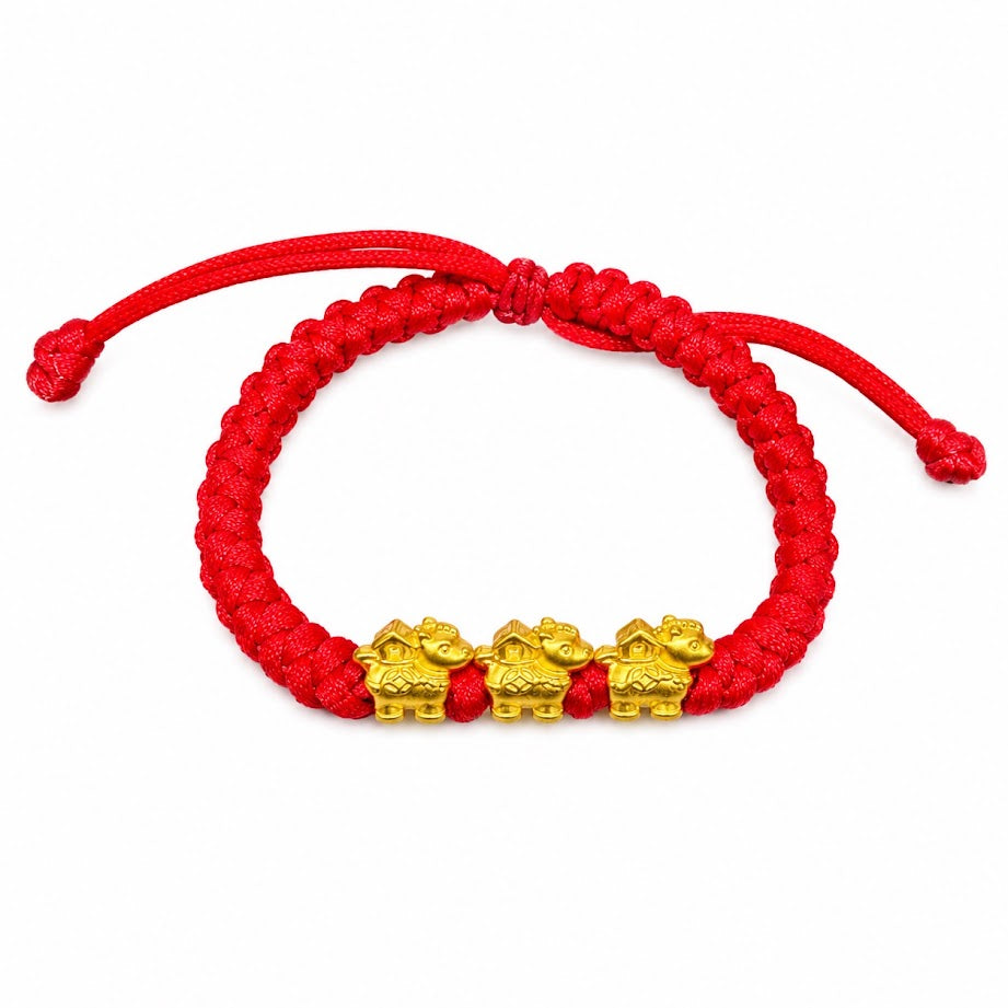 24K Lucky Three Horse Charm on Red Nylon