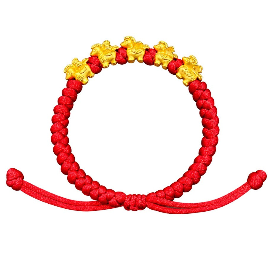 24K Lucky Five Horse Charm on Red Nylon