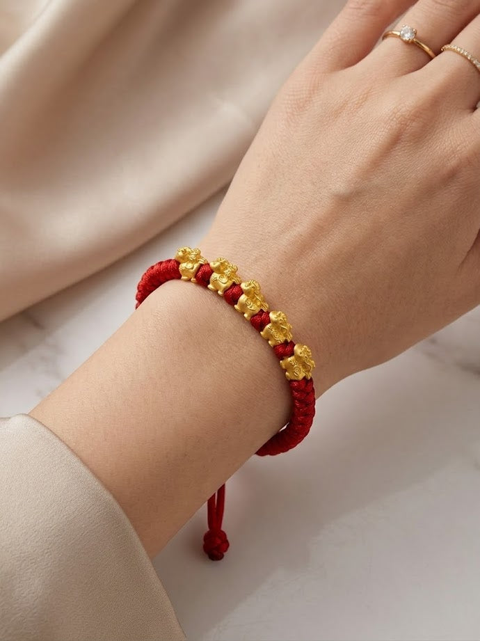 24K Lucky Five Horse Charm on Red Nylon