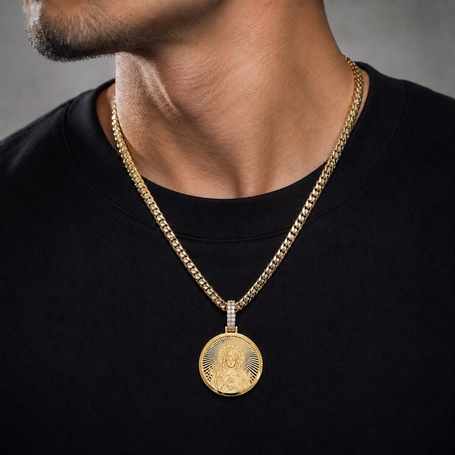 Double Sided Jesus/Mary Round Pendant with Diamond Bail