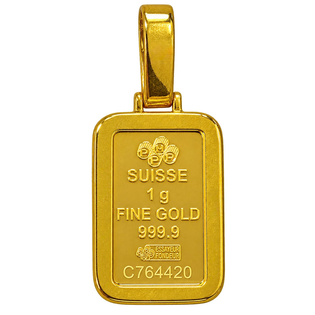 Micro 1 g Suisse Fine Gold Bar (Lady Fortuna, Diamond Framed)