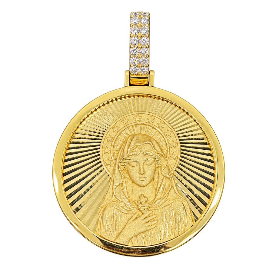 Double Sided Jesus/Mary Round Pendant with Diamond Bail