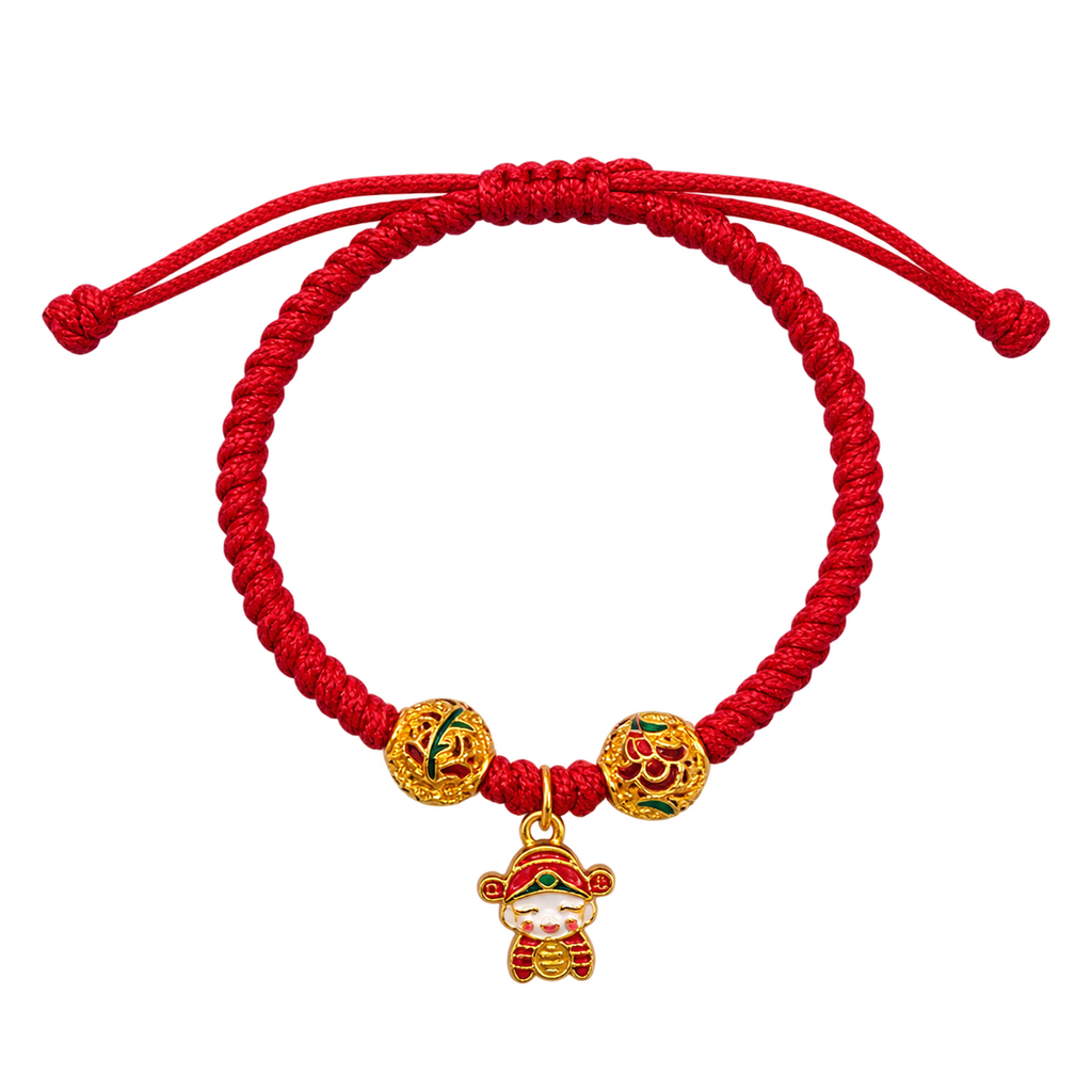 24K Lucky God of Wealth Charm on Red Nylon