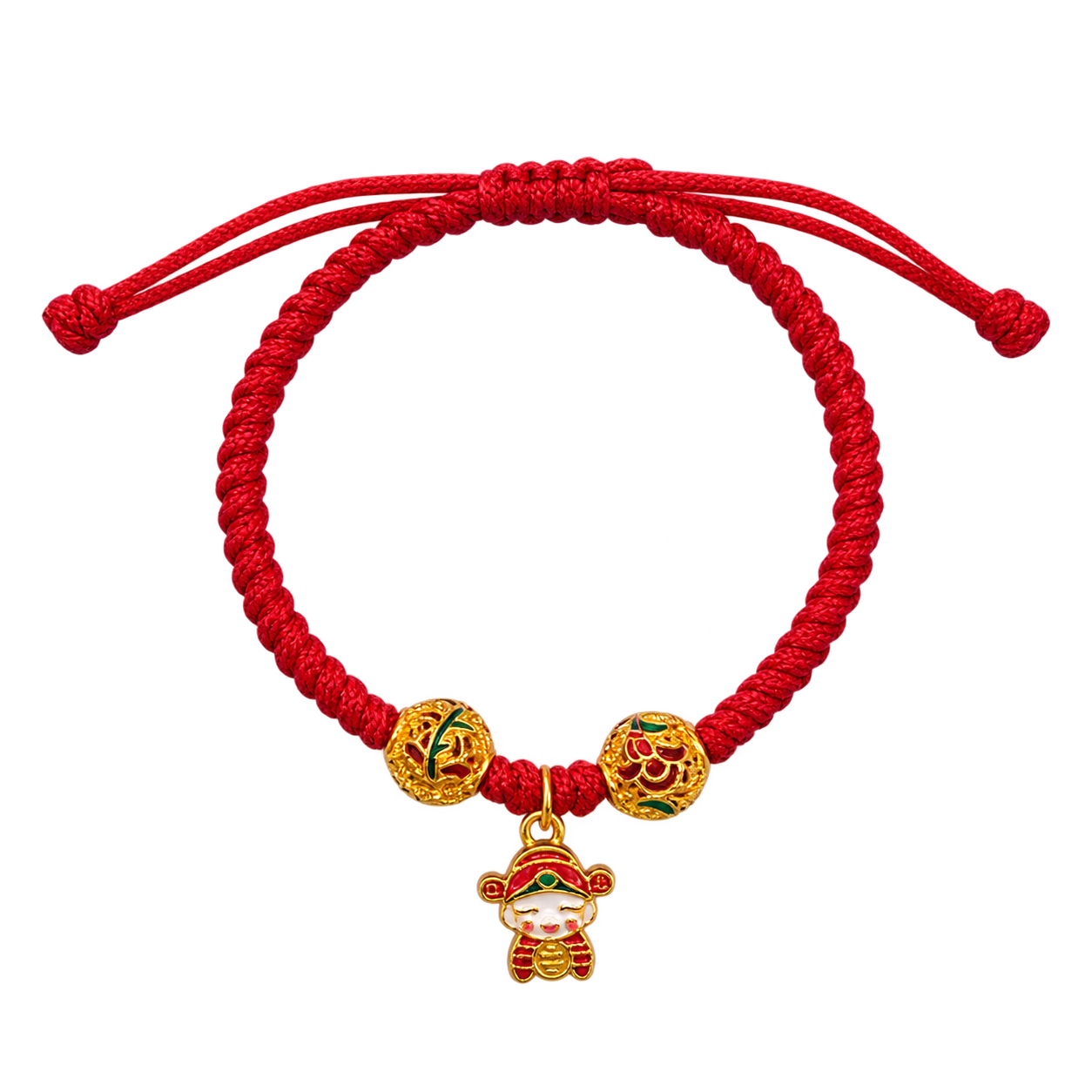24K Lucky God of Wealth Charm on Red Nylon