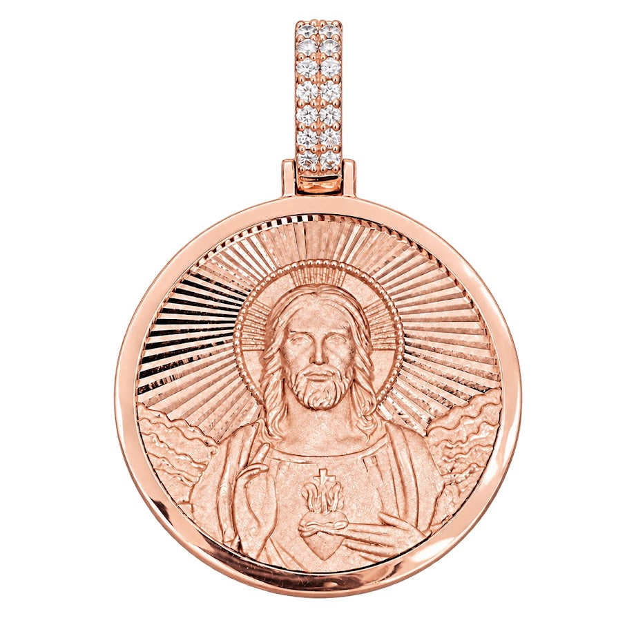 Double Sided Jesus/Mary Round Pendant with Diamond Bail