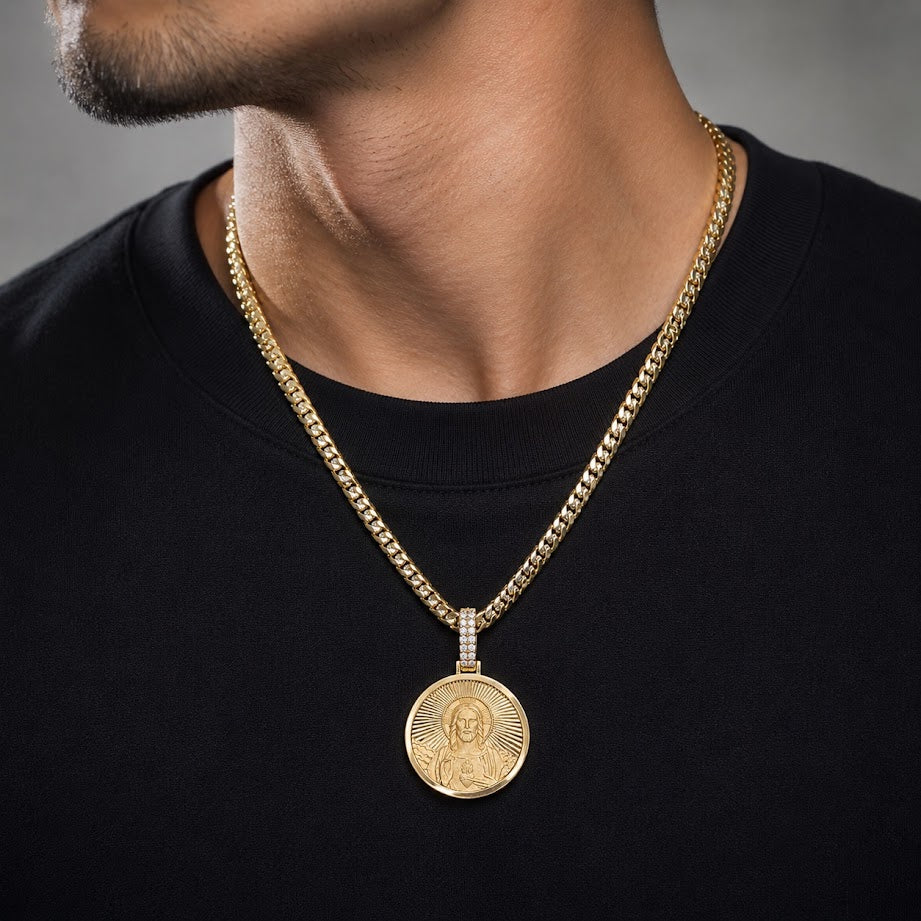 Double Sided Jesus/Mary Round Pendant with Diamond Bail