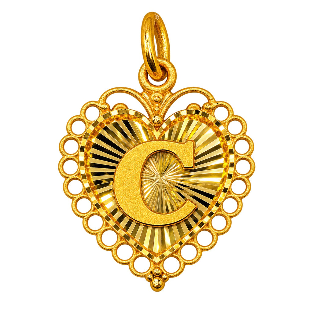 24K Gold Heart Shape Letter Pendant Diamond Cut