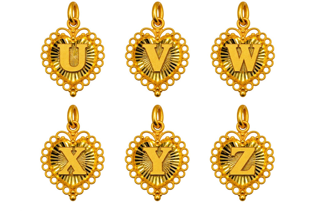 24K Gold Heart Shape Letter Pendant Diamond Cut