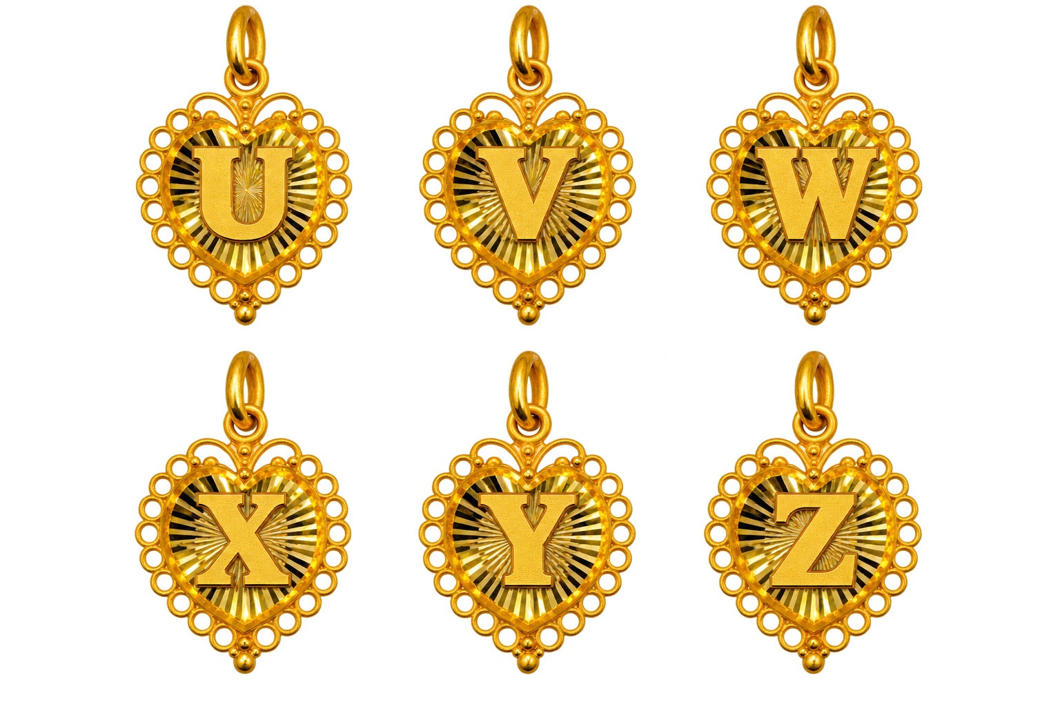 24K Gold Heart Shape Letter Pendant Diamond Cut