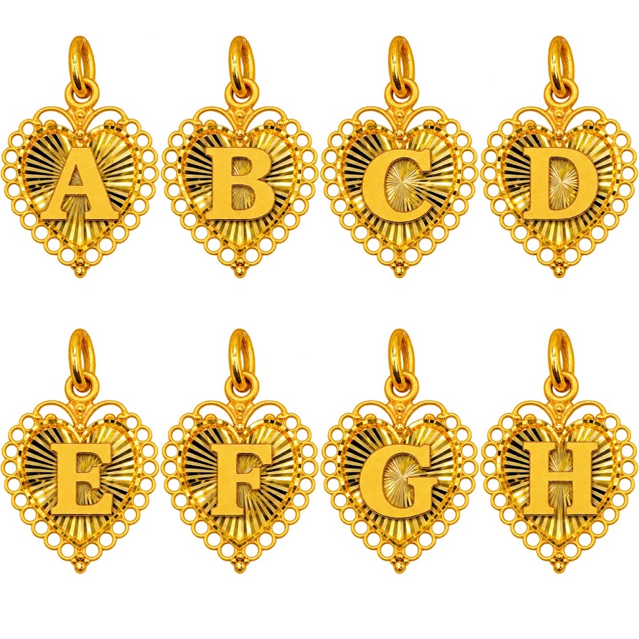 24K Gold Heart Shape Letter Pendant Diamond Cut