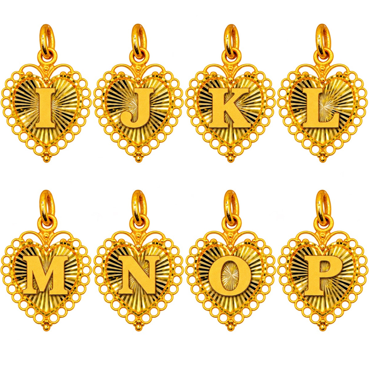 24K Gold Heart Shape Letter Pendant Diamond Cut