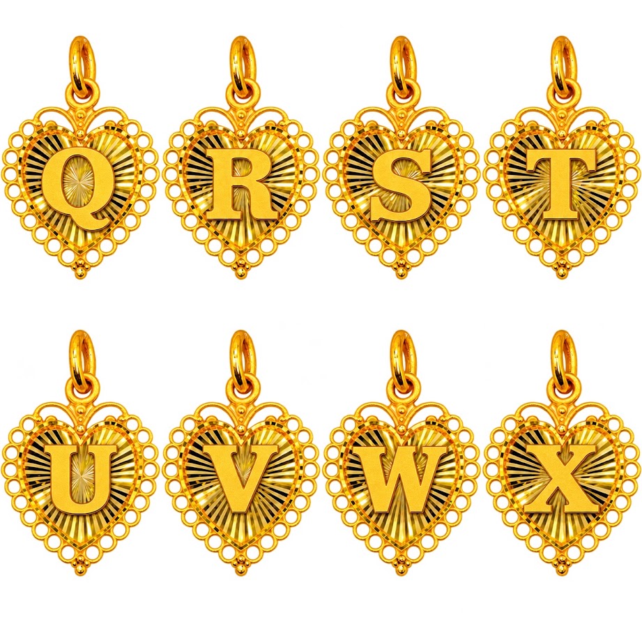 24K Gold Heart Shape Letter Pendant Diamond Cut
