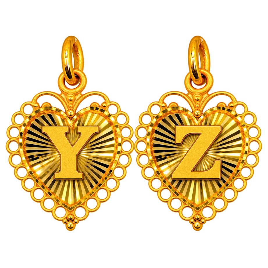 24K Gold Heart Shape Letter Pendant Diamond Cut