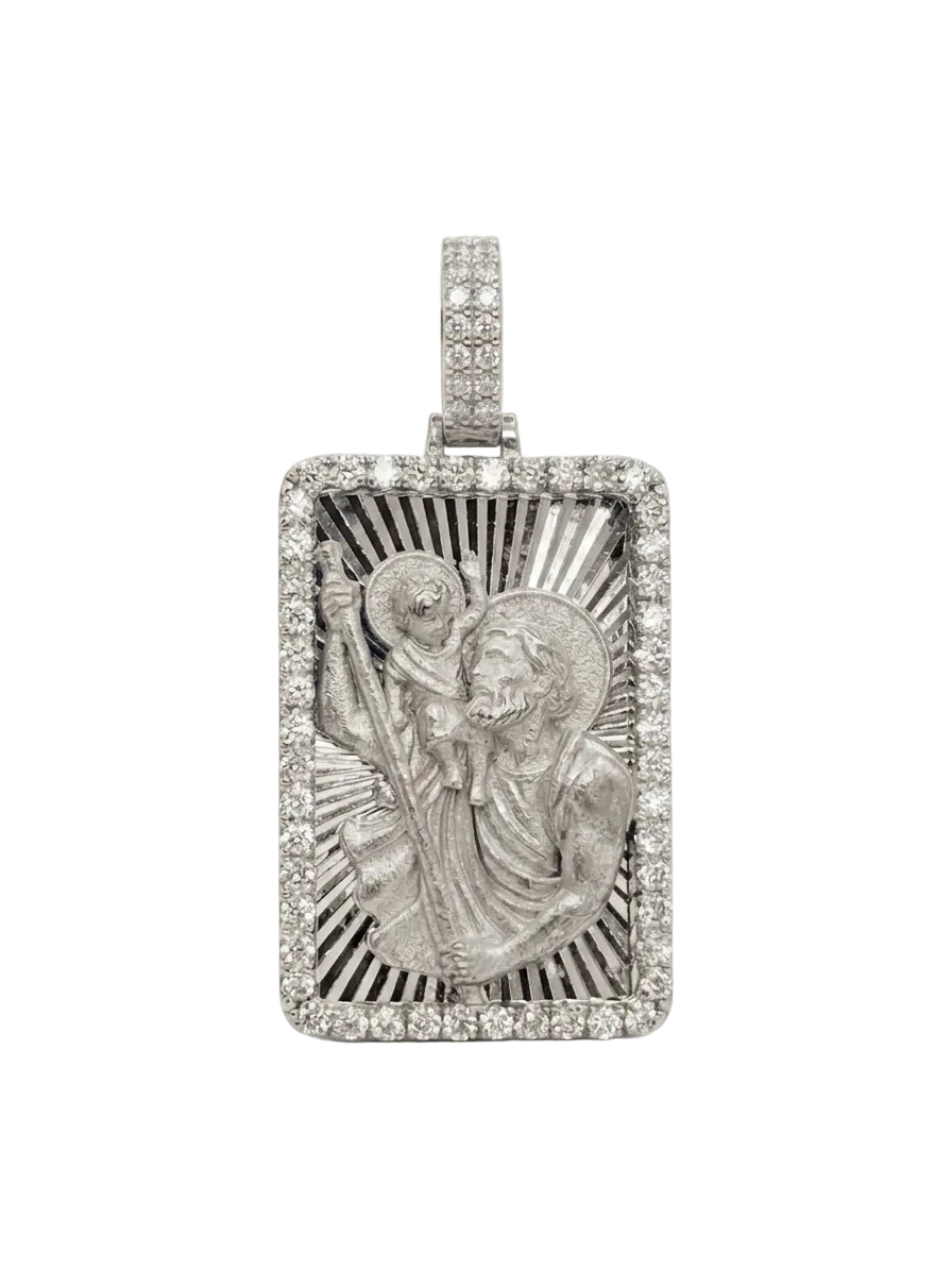 Saint Christopher Diamond Cut Pendant with Diamond Frame