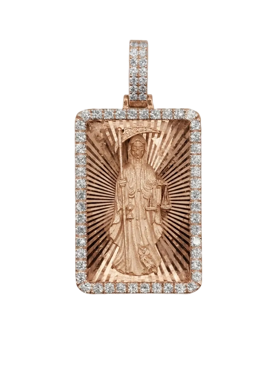 Santa Muerte Diamond Cut Pendant with Diamond Frame