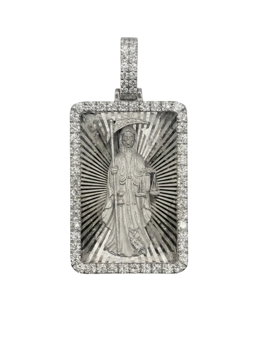Santa Muerte Diamond Cut Pendant with Diamond Frame