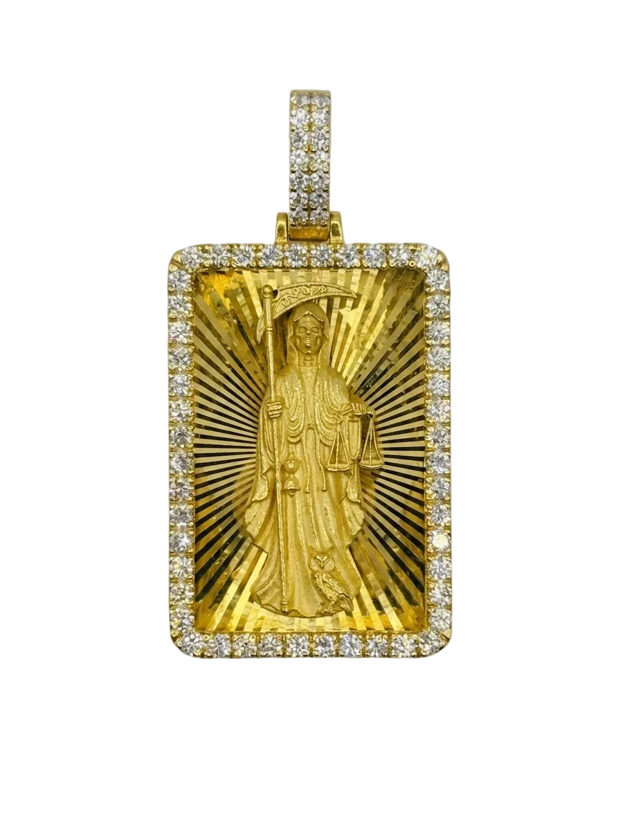 Santa Muerte Diamond Cut Pendant with Diamond Frame