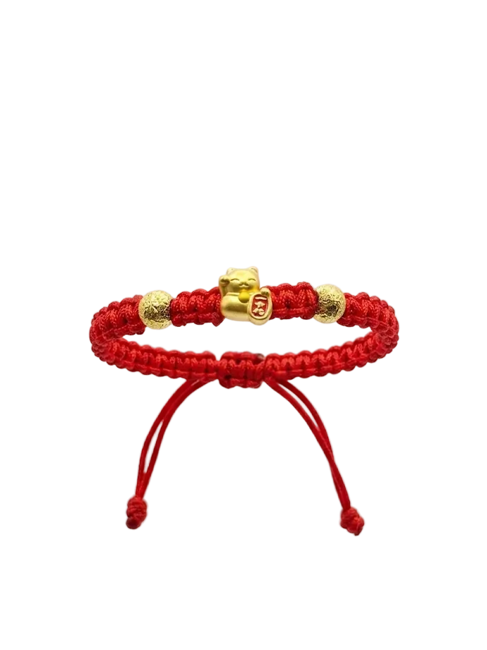 24K Lucky Cat with Diamond Cut Beads on Red Nylon