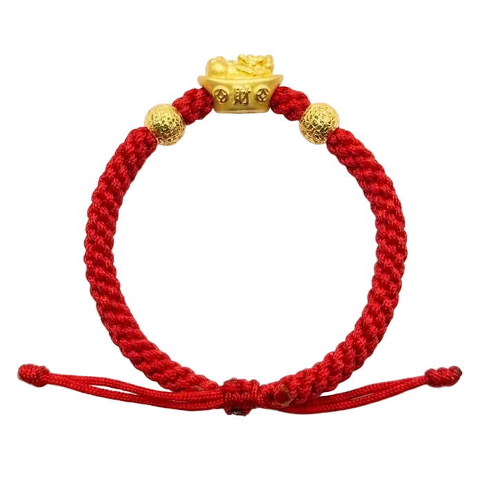 24K Fu Dog with Diamond Cut Beads on Red Nylon