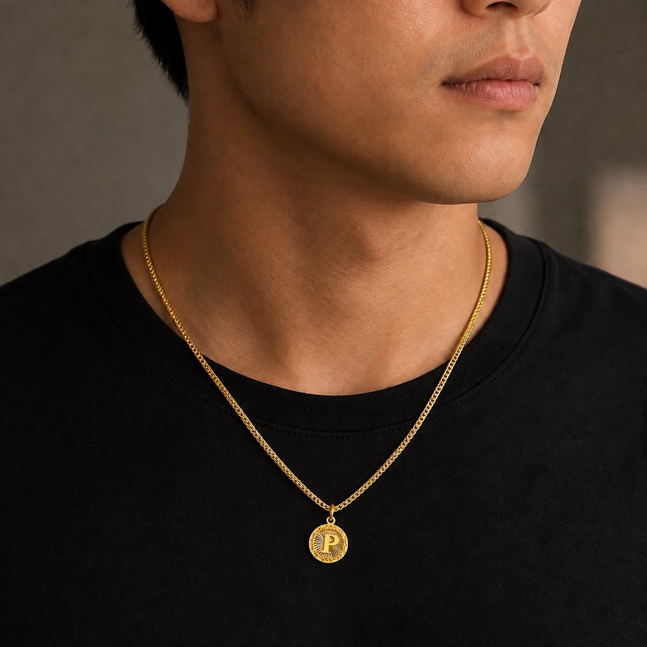 24K Gold Circular Letter Pendant Diamond Cut