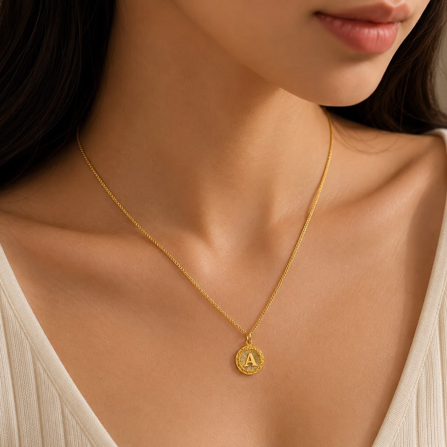 24K Gold Circular Letter Pendant Diamond Cut