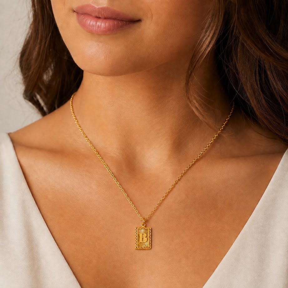 24K Gold Rectangular Letter Pendant Diamond Cut