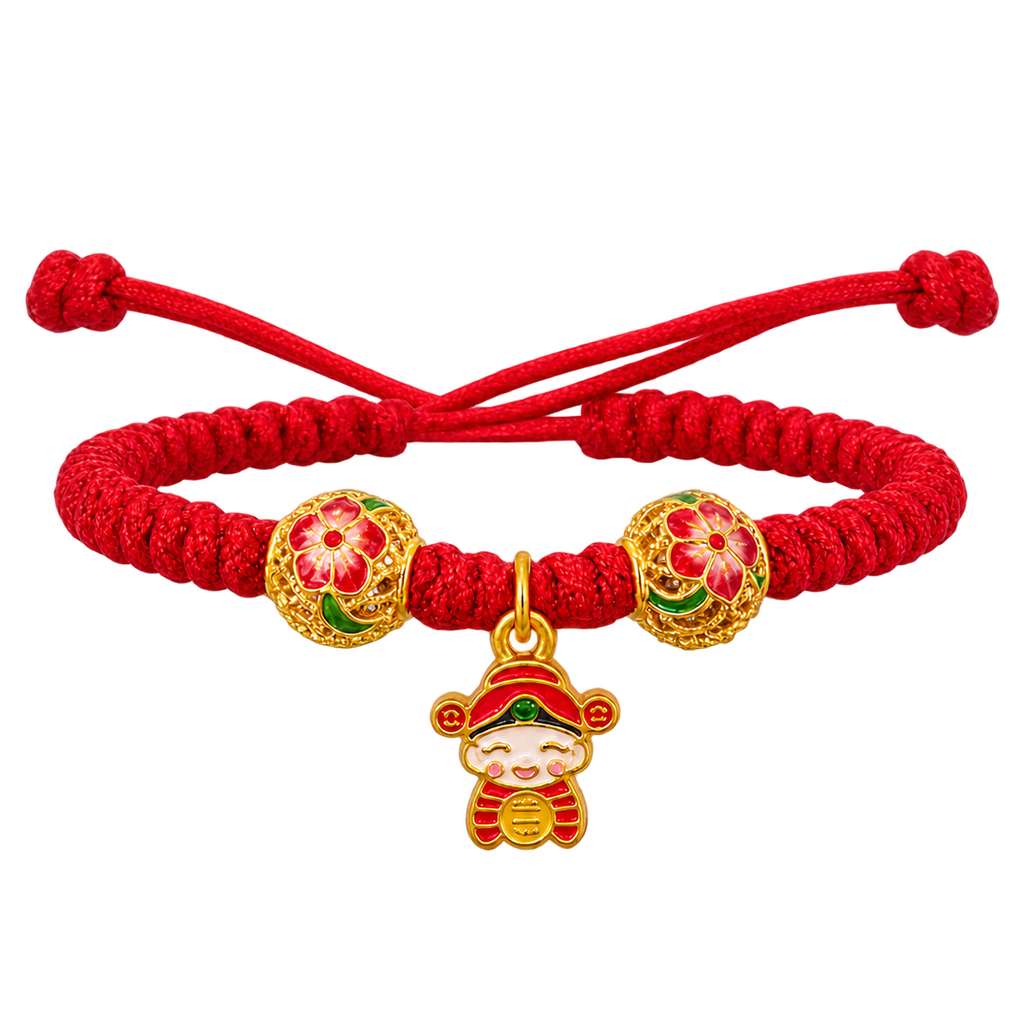 24K Lucky God of Wealth Charm on Red Nylon
