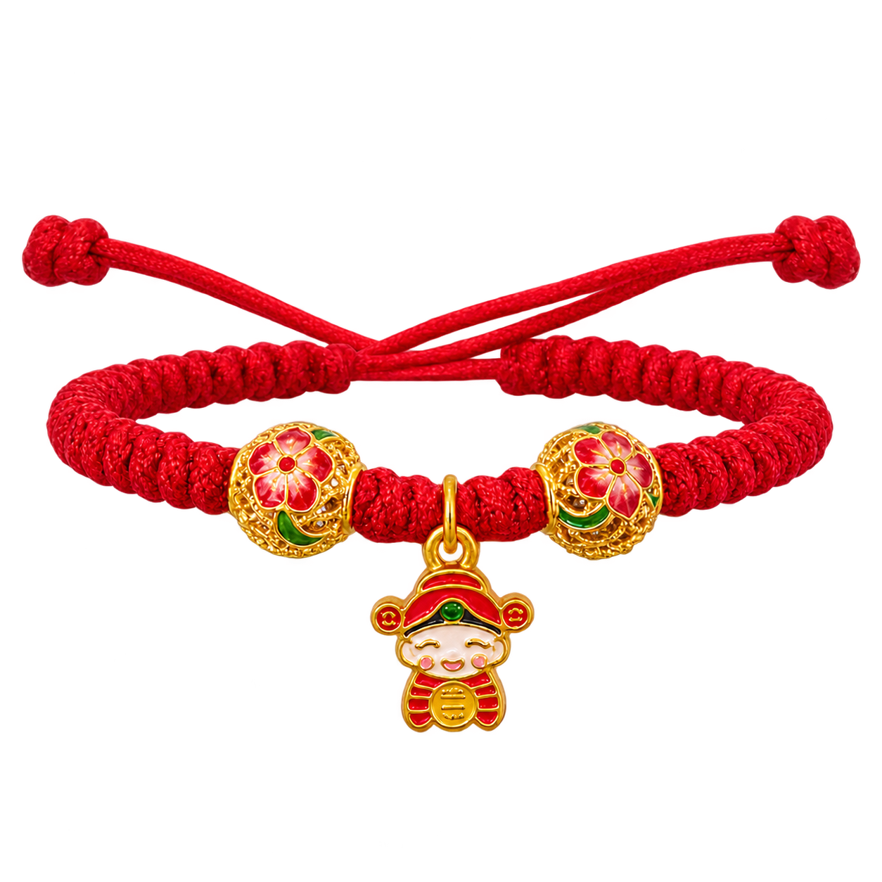 24K Lucky God of Wealth Charm on Red Nylon