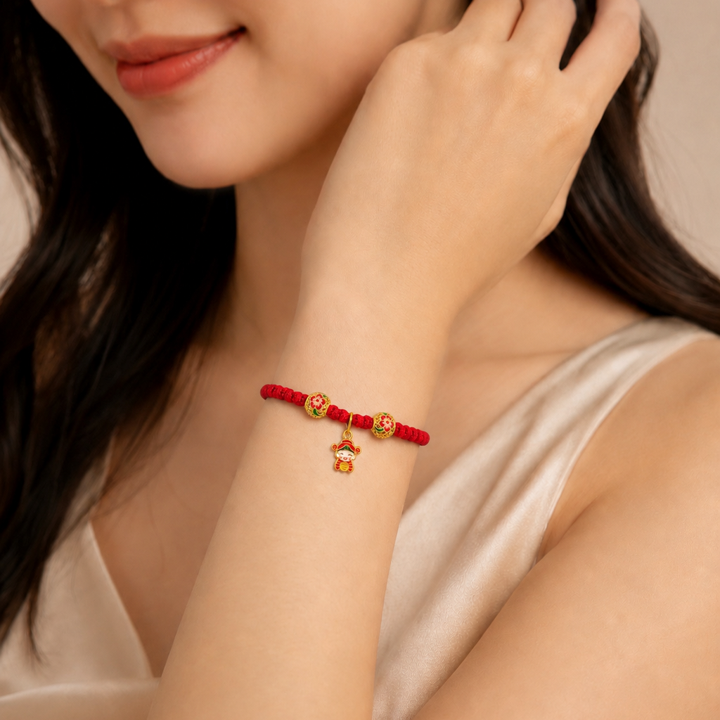 24K Lucky God of Wealth Charm on Red Nylon