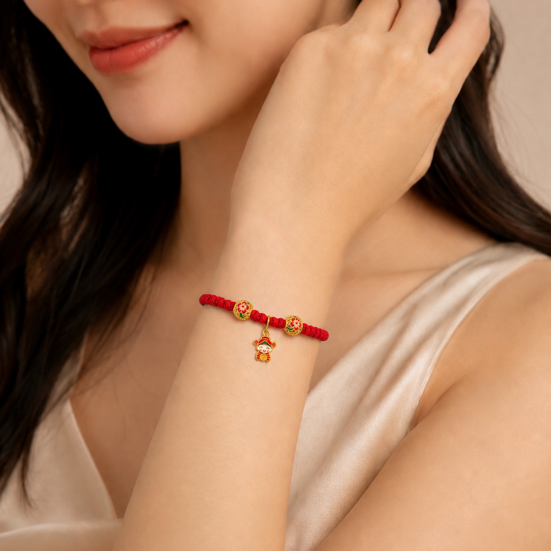 24K Lucky God of Wealth Charm on Red Nylon